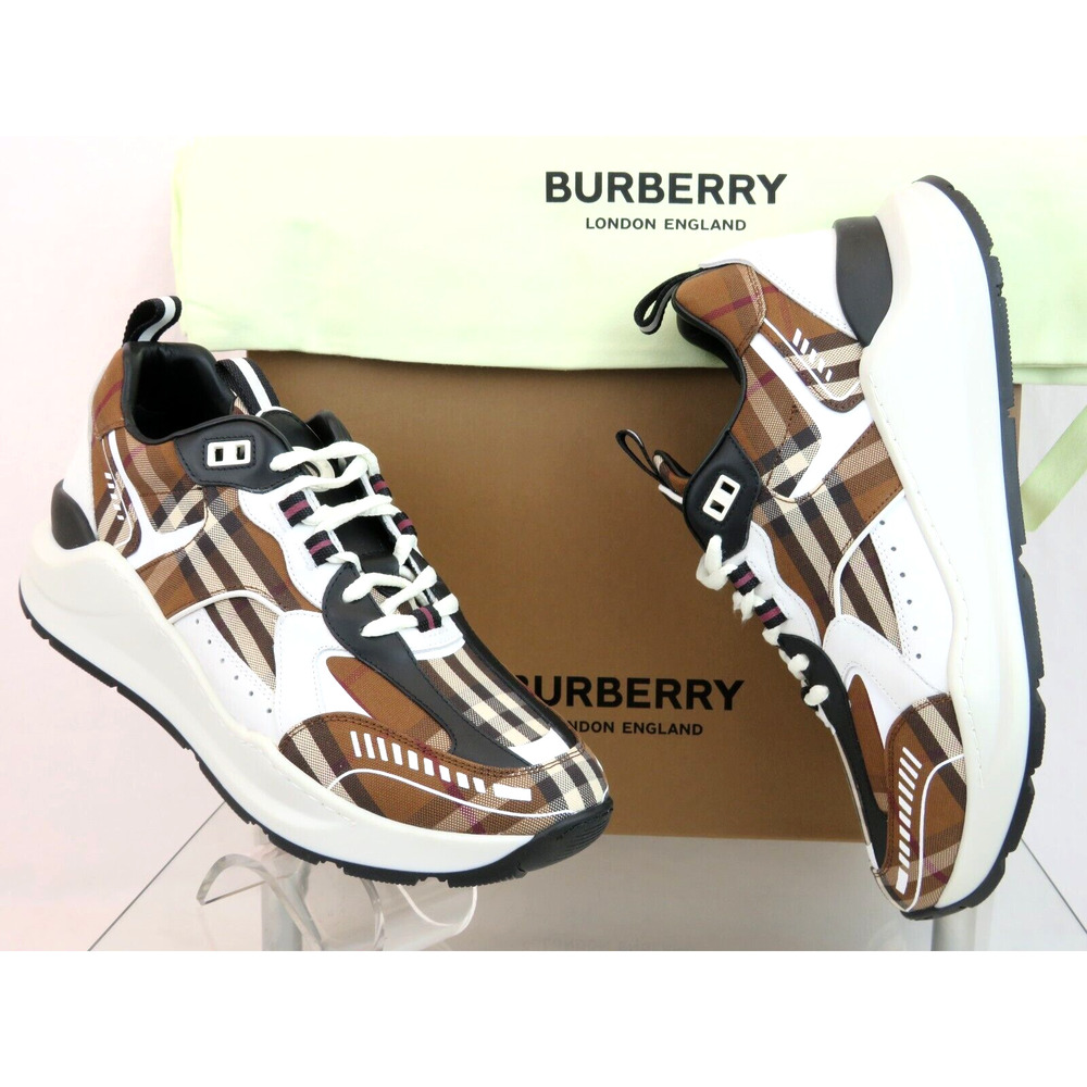 $670 BURBERRY SEAN BROWN CHECK CANVAS WHITE BLACK LEATHER SNEAKERS 41.5 US 8.5